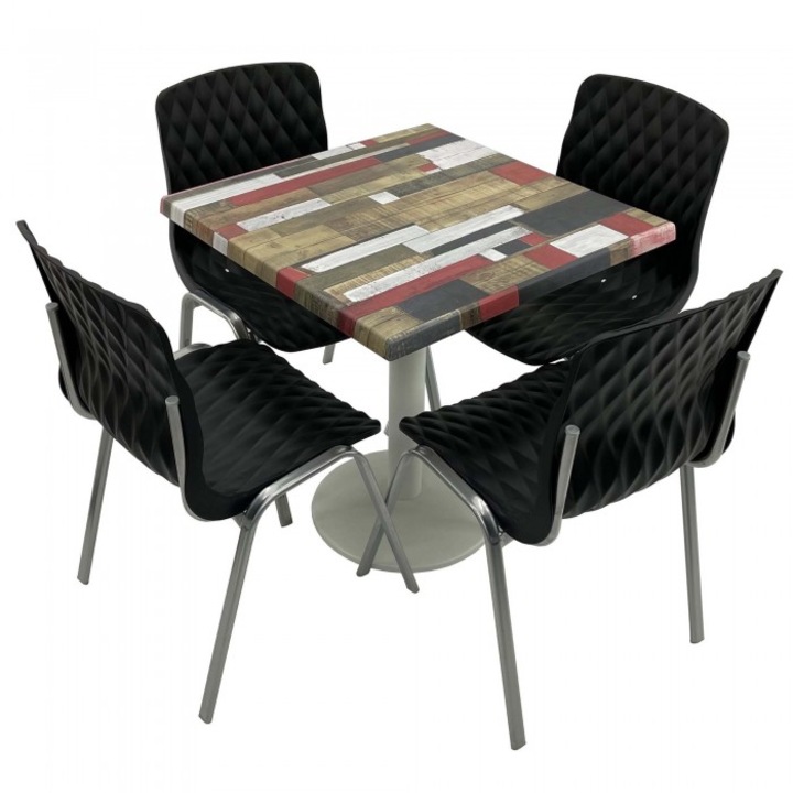 Set mobila de terasa restaurant RAKI Redden Wood masa patrata 80x80cm cu blat werzali si baza metalica culoare alba, 4 scaune ROYAL negre
