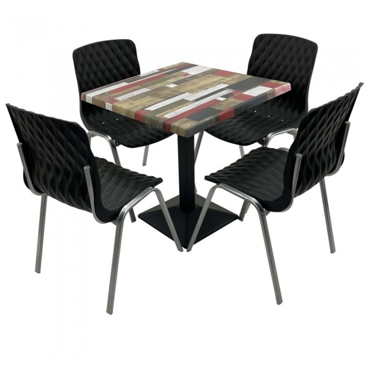 Set mobila de terasa restaurant RAKI Redden Wood masa patrata 80x80cm cu blat werzali si baza metalica culoare negru, 4 scaune ROYAL negre