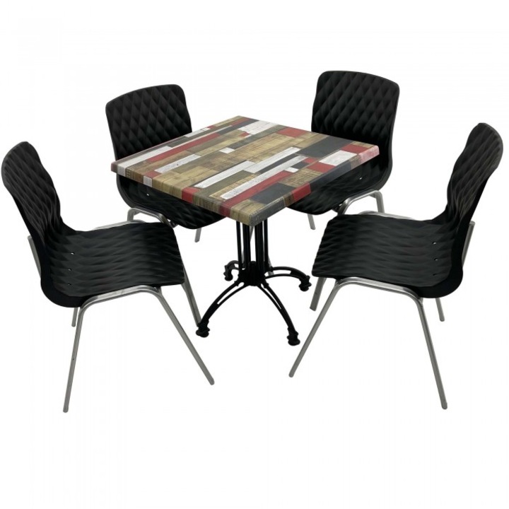 Set mobila de terasa restaurant RAKI Redden Wood masa patrata 70x70cm cu blat werzalit si baza retro, 4 scaune ROYAL negre