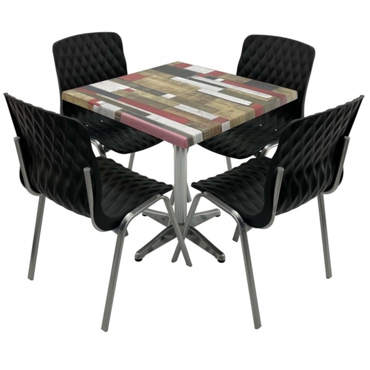 Set mobila de terasa restaurant RAKI Redden Wood masa patrata 80x80cm cu blat werzali si picior aluminiu, 4 scaune ROYAL negre