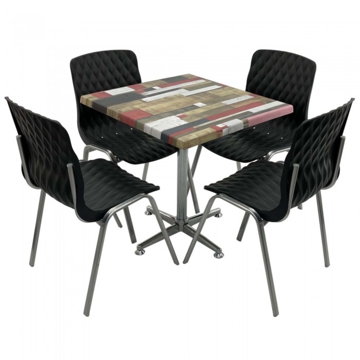 Set mobila de terasa restaurant RAKI Redden Wood masa patrata 80x80cm cu blat werzali si picior clasic, 4 scaune ROYAL negre