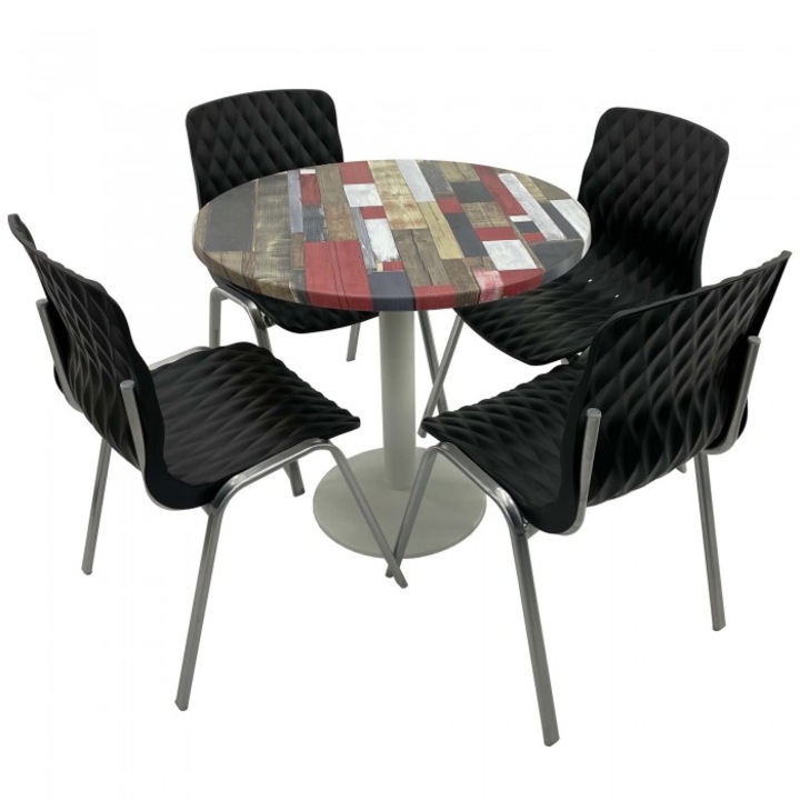 Set mobila de terasa restaurant RAKI Redden Wood masa rotunda 80cm cu blat werzalit si baza metalica culoare alba, 4 scaune ROYAL negre