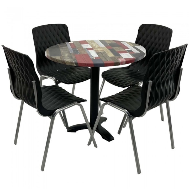 Set mobila de terasa restaurant RAKI Redden Wood masa rotunda 80cm cu blat werzalit si picior metalic culoare negru, 4 scaune ROYAL negre
