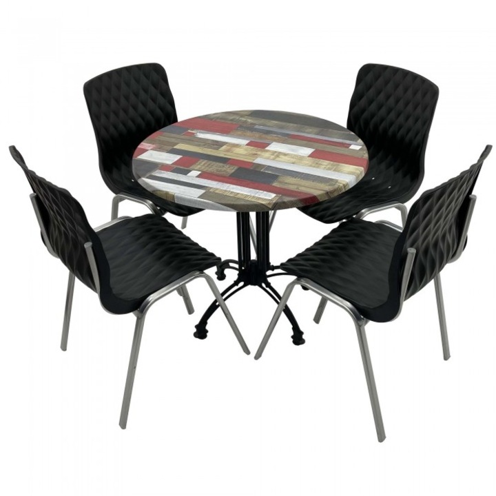 Set mobila de terasa restaurant RAKI Redden Wood masa rotunda 80cm cu blat werzalit si baza retro, clasic, 4 scaune ROYAL negre