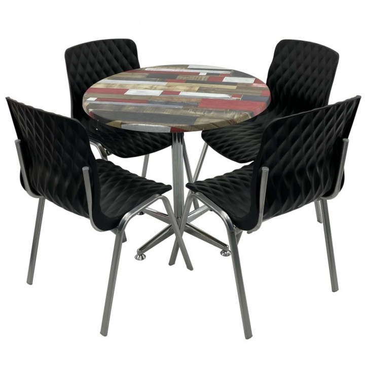 Set mobila de terasa restaurant RAKI Redden Wood masa rotunda 80cm cu blat werzalit si baza crom clasica, 4 scaune ROYAL negre