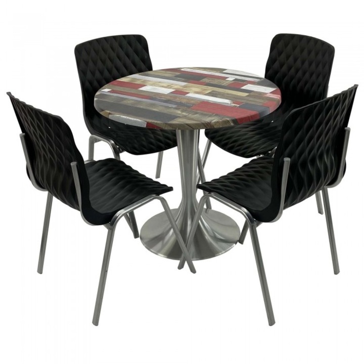 Set mobila de terasa restaurant RAKI Redden Wood masa rotunda 80cm cu blat werzalit si baza aluminiu, 4 scaune ROYAL negre
