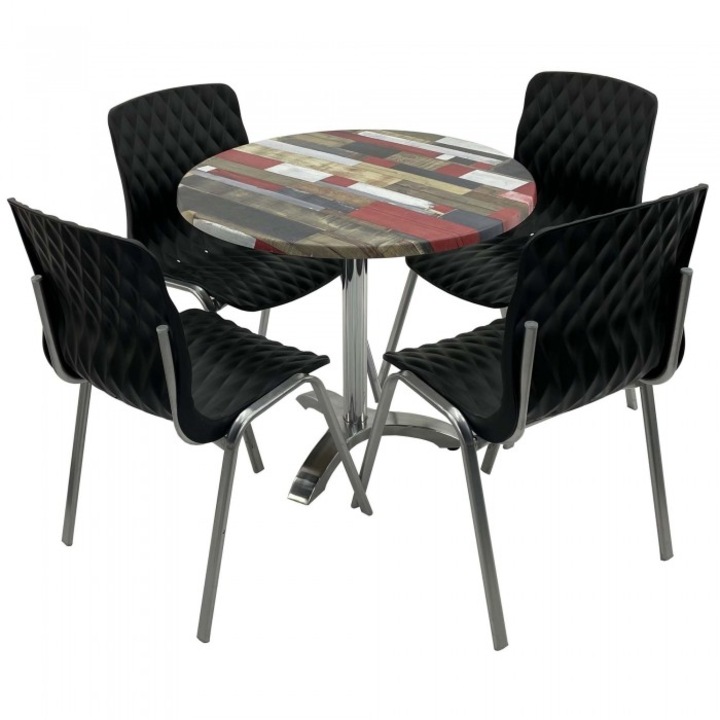 Set mobila de terasa restaurant RAKI Redden Wood masa rotunda 80cm cu blat werzalit si picior aluminiu, 4 scaune ROYAL negre
