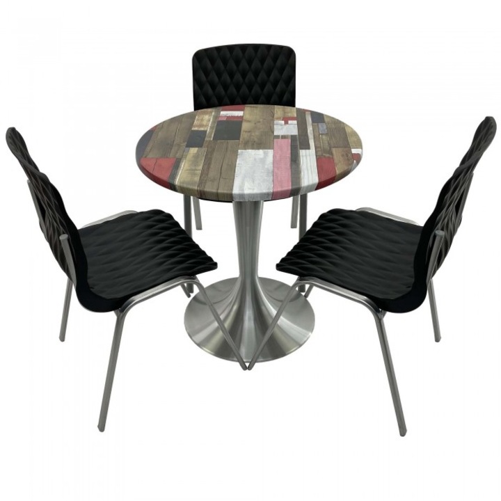 Set mobila de terasa restaurant RAKI Redden Wood masa rotunda 70cm cu blat werzalit si baza aluminiu, 3 scaune ROYAL negre