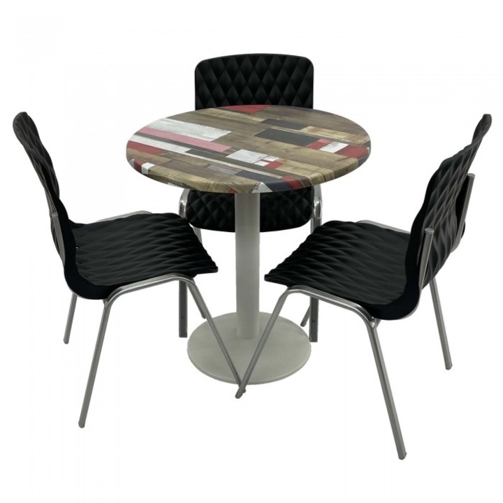 Set mobila de terasa restaurant RAKI Redden Wood masa rotunda 70cm cu blat werzalit si baza metalica culoare alba, 3 scaune ROYAL negre