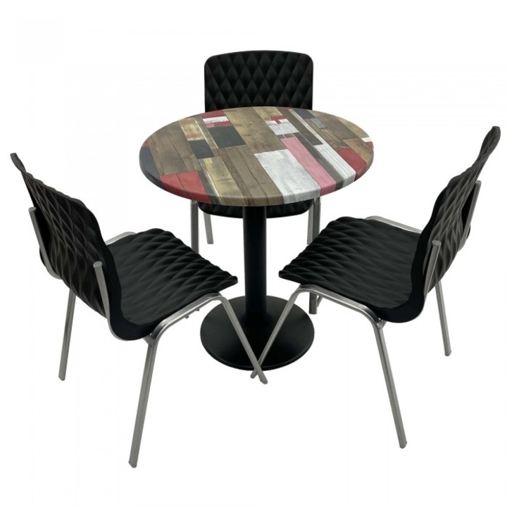 Set mobila de terasa restaurant RAKI Redden Wood masa rotunda 70cm cu blat werzalit si baza metalica, negru, 3 scaune ROYAL negre