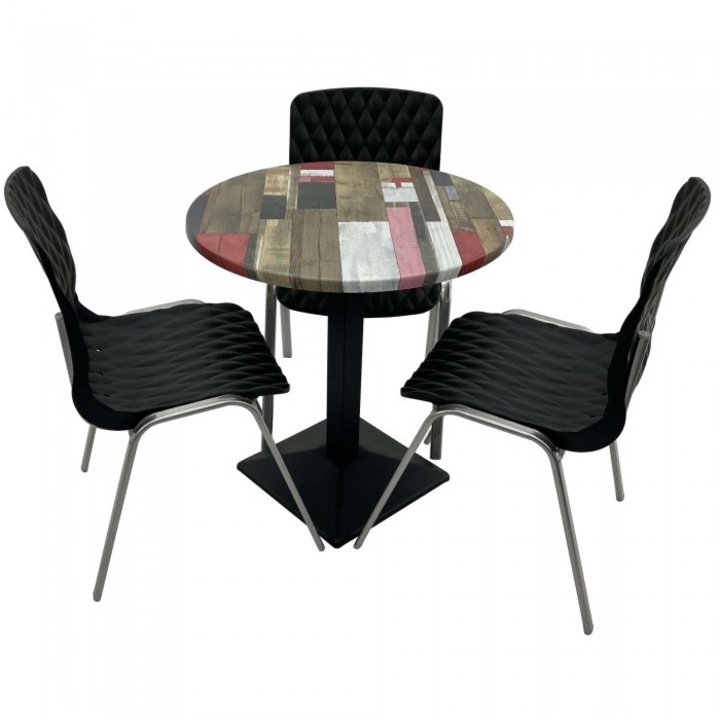 Set mobila de terasa restaurant RAKI Redden Wood masa rotunda 70cm cu blat werzalit si baza metalica culoare negru, 3 scaune ROYAL negre