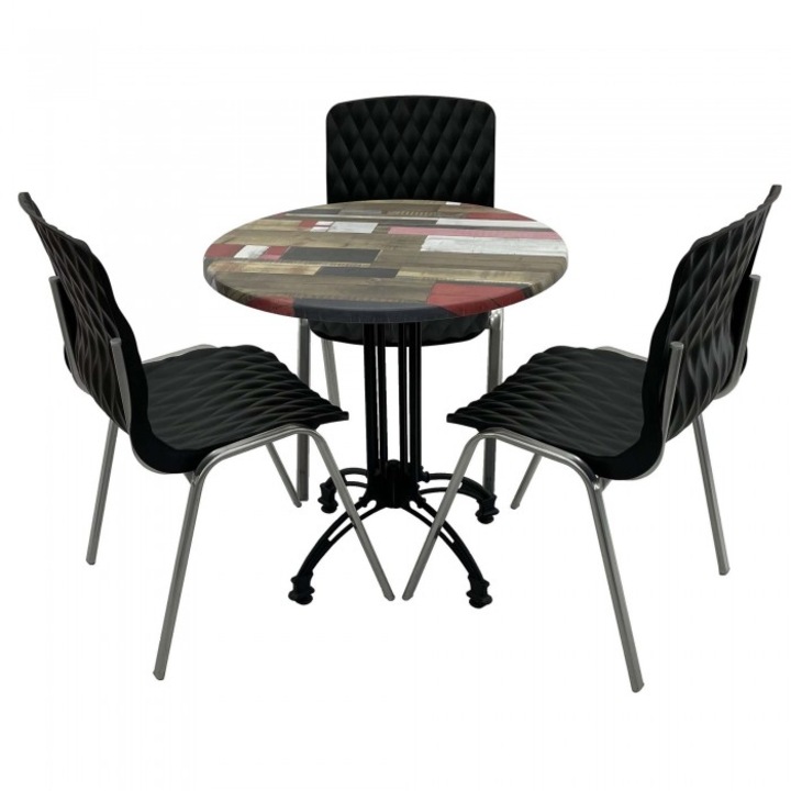 Set mobila de terasa restaurant RAKI Redden Wood masa rotunda 70cm cu blat werzalit si baza retro, 3 scaune ROYAL negre