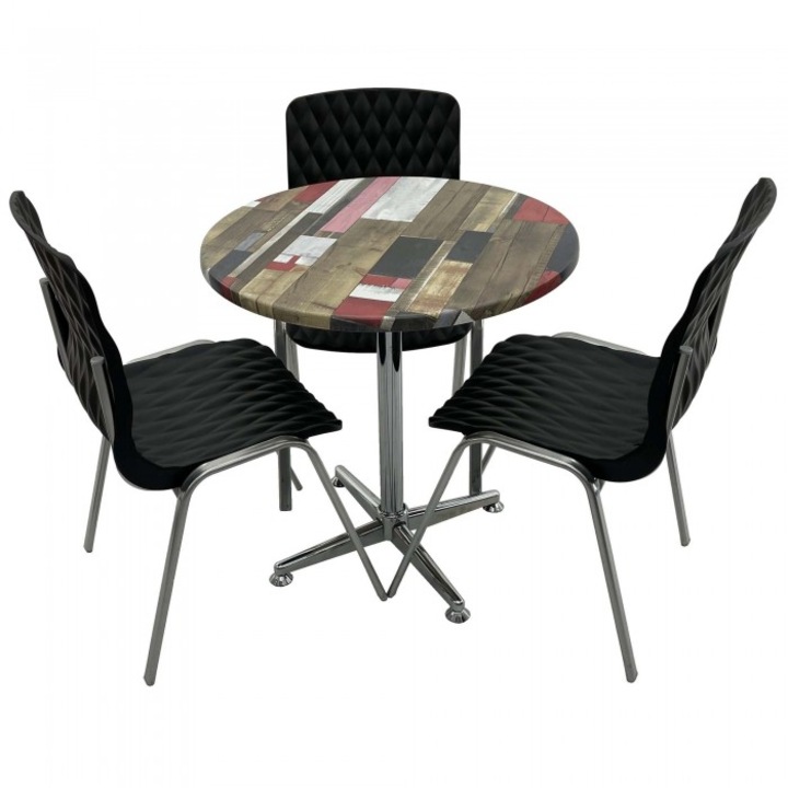 Set mobila de terasa restaurant RAKI Redden Wood masa rotunda 70cm cu blat werzalit si baza crom clasica, 3 scaune ROYAL negre