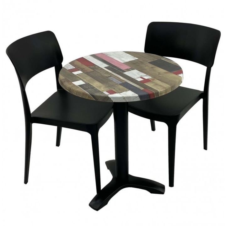Set mobila de terasa cafenea RAKI Redden Wood masa rotunda 60cm cu blat werzalit si picior metalic culoare negru, 2 scaune PANO negre