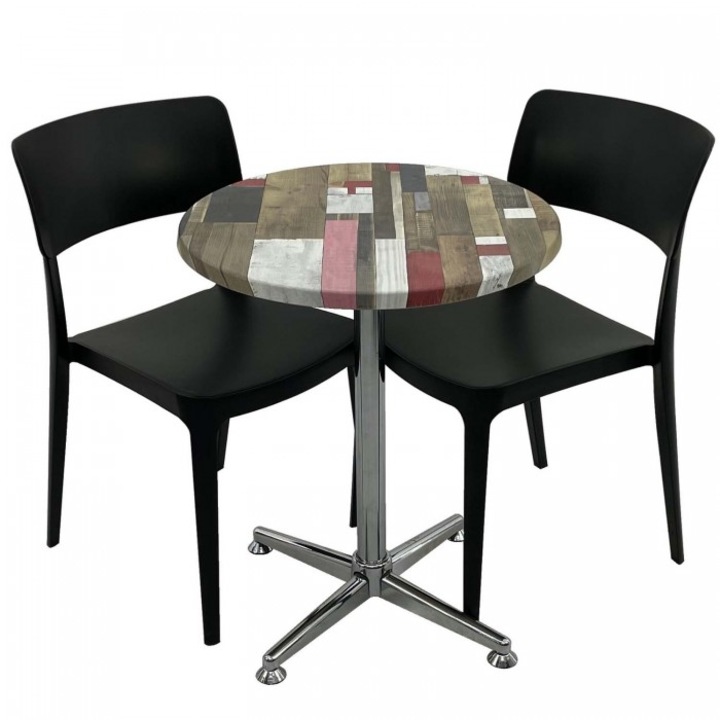 Set mobila de terasa cafenea RAKI Redden Wood masa rotunda 60cm cu blat werzalit si baza crom clasica, 2 scaune PANO negre