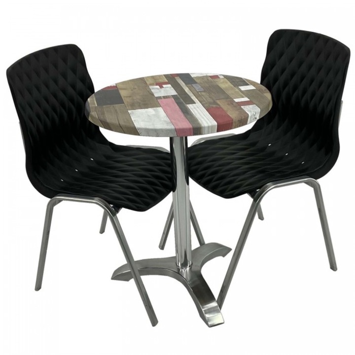 Set mobila de terasa restaurant RAKI Redden Wood masa rotunda 60cm cu blat werzalit si picior aluminiu cu 2 scaune ROYAL negre