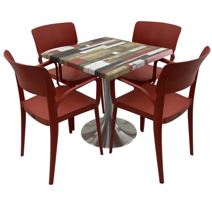 Set mobila de terasa restaurant RAKI Redden Wood masa patrata 80x80cm cu blat werzali si baza din aluminiu, 4 scaune PANORA cu brate rosii