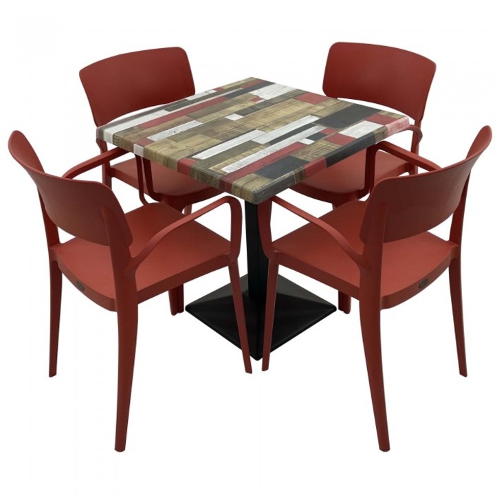 Set mobila de terasa restaurant RAKI Redden Wood masa patrata 80x80cm cu blat werzali si baza metalica culoare negru, 4 scaune PANORA cu brate rosii