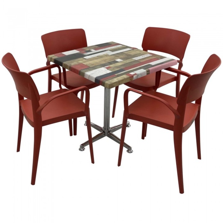 Set mobila de terasa restaurant RAKI Redden Wood masa patrata 80x80cm cu blat werzali si picior crom clasic, 4 scaune PANORA cu brate rosii