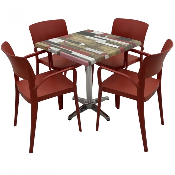 Set mobila de terasa restaurant RAKI Redden Wood masa patrata 80x80cm cu blat werzali si picior aluminiu, 4 scaune PANORA cu brate rosii