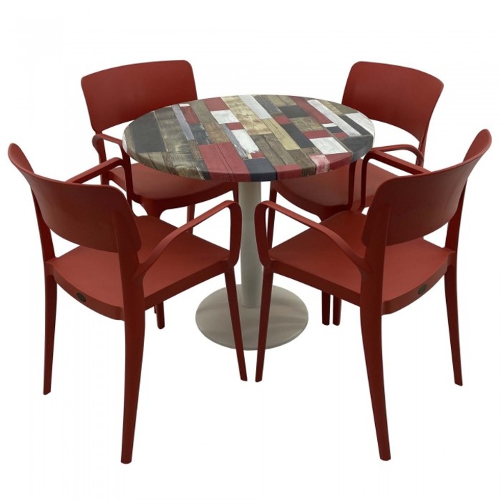 Set mobila de terasa restaurant RAKI Redden Wood masa rotunda 80cm cu blat werzalit si baza metalica culoare alba, 4 scaune PANORA cu brate rosii