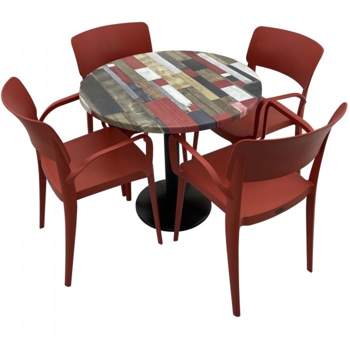 Set mobila de terasa restaurant RAKI Redden Wood masa rotunda 80cm cu blat werzalit si baza metalica, negru, 4 scaune PANORA cu brate rosii