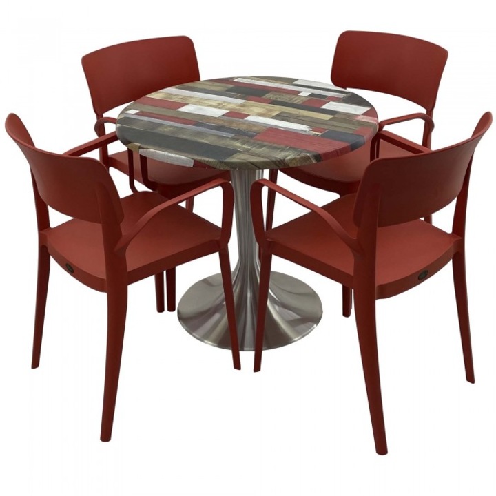 Set mobila de terasa restaurant RAKI Redden Wood masa rotunda 80cm cu blat werzalit si baza aluminiu, 4 scaune PANORA cu brate rosii