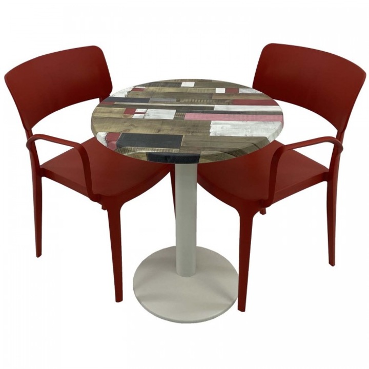 Set mobila de terasa restaurant RAKI Redden Wood masa rotunda 60cm cu blat werzalit si baza metalica culoare alba, 2 scaune PANORA cu brate rosii