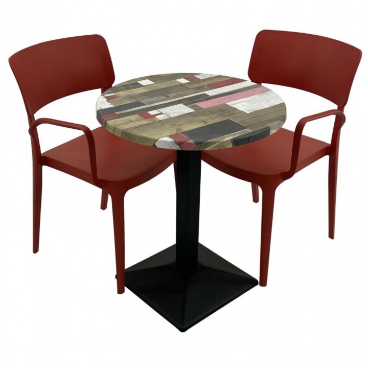 Set mobila de terasa restaurant RAKI Redden Wood masa rotunda 60cm cu blat werzalit si baza metalica culoare negru, 2 scaune PANORA cu brate rosii