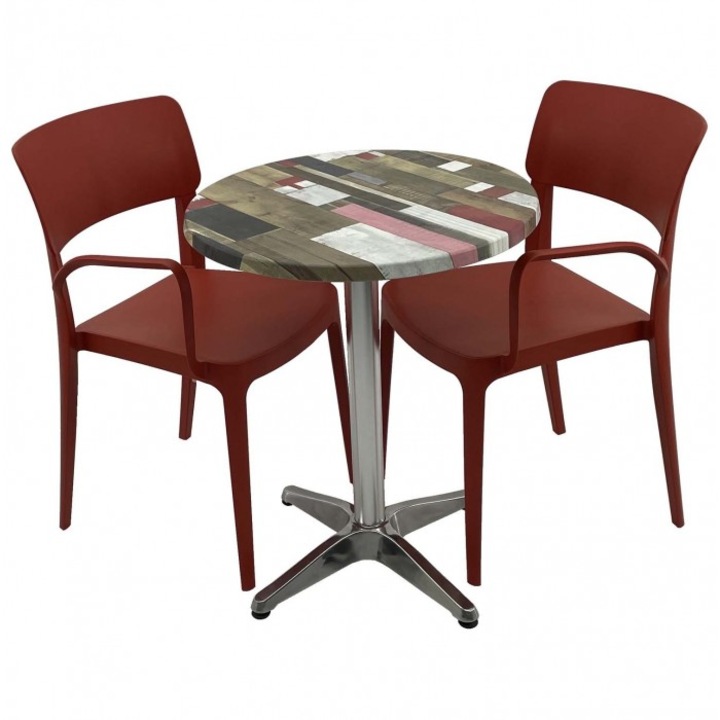 Set mobila de terasa restaurant RAKI Redden Wood masa rotunda 60cm cu blat werzalit si baza aluminiu, 2 scaune PANORA cu brate rosii