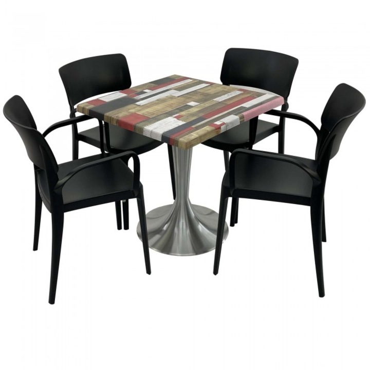 Set mobila de terasa restaurant RAKI Redden Wood masa patrata 70x70cm cu blat werzali si baza din aluminiu, 4 scaune PANORA cu brate negre