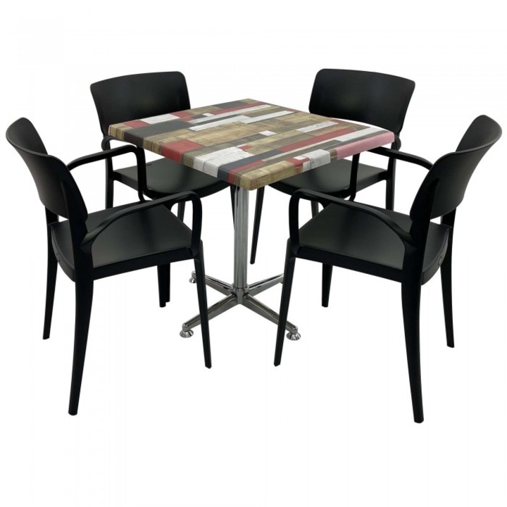 Set mobila de terasa restaurant RAKI Redden Wood masa patrata 80x80cm cu blat werzali si baza clasic, 4 scaune PANORA cu brate negre