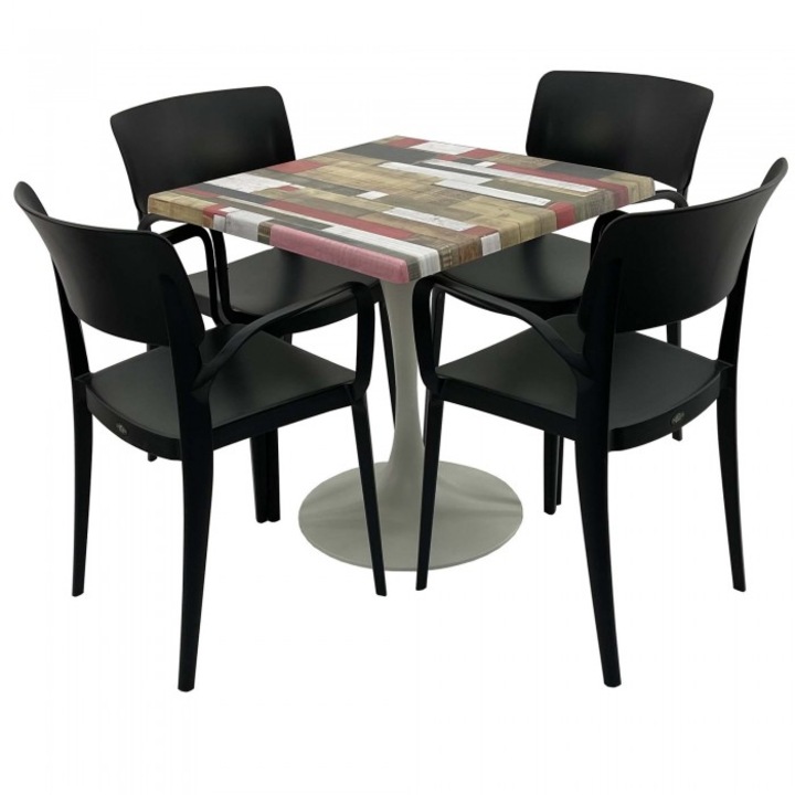 Set mobila de terasa restaurant RAKI Redden Wood masa patrata 70x70cm cu blat werzali si baza metalica alba, 4 scaune PANORA cu brate negre