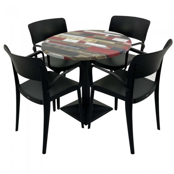 Set mobila de terasa restaurant RAKI Redden Wood masa rotunda 80cm cu blat werzalit si baza metalica culoare negru, 4 scaune PANORA cu brate negre
