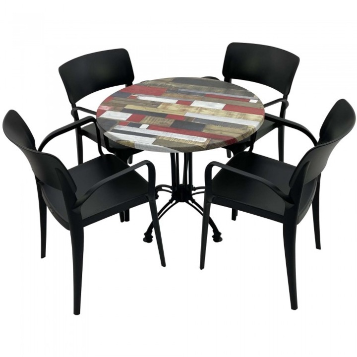 Set mobila de terasa restaurant RAKI Redden Wood masa rotunda 80cm cu blat werzalit si baza retro, clasic, 4 scaune PANORA cu brate negre