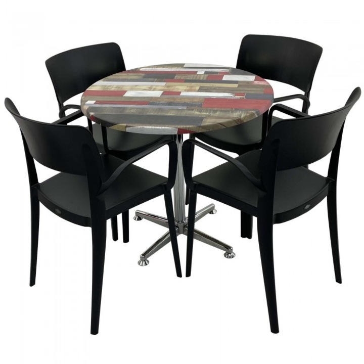 Set mobila de terasa restaurant RAKI Redden Wood masa rotunda 80cm cu blat werzalit si baza clasica, 4 scaune PANORA cu brate negre