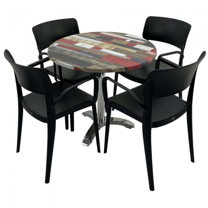 Set mobila de terasa restaurant RAKI Redden Wood masa rotunda 80cm cu blat werzalit si picior aluminiu, 4 scaune PANORA cu brate negre
