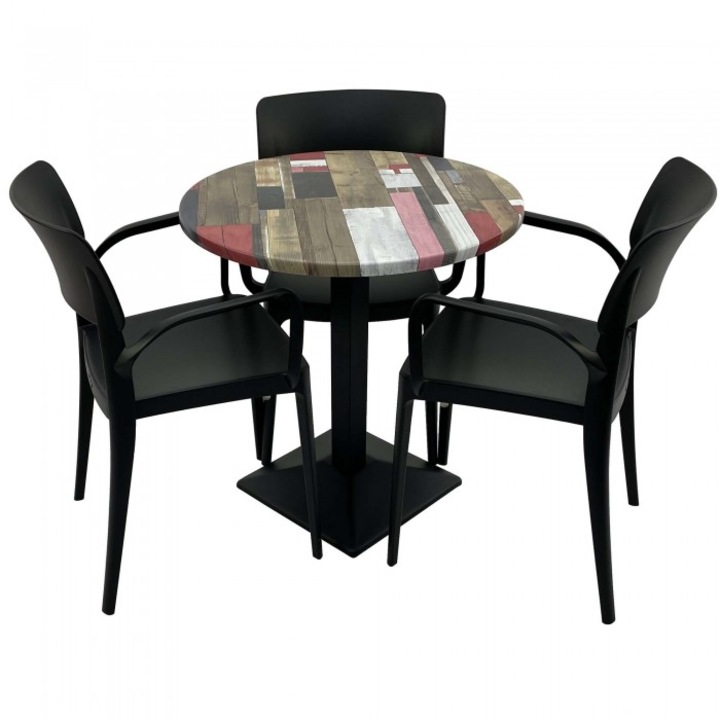 Set mobila de terasa restaurant RAKI Redden Wood masa rotunda 70cm cu blat werzalit si baza metalica culoare negru, 3 scaune PANORA cu brate negre