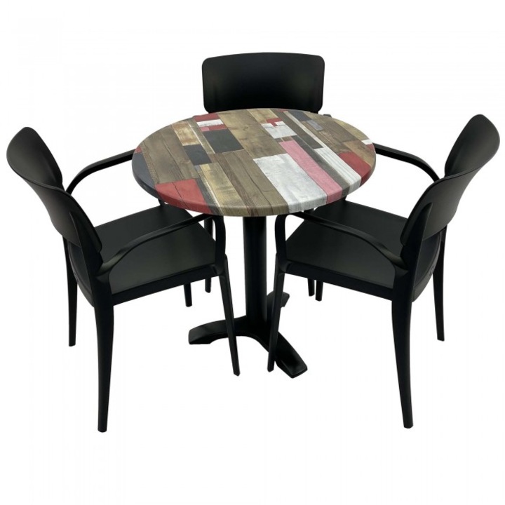 Set mobila de terasa restaurant RAKI Redden Wood masa rotunda 70cm cu blat werzalit si picior metalic culoare negru, 3 scaune PANORA cu brate negre