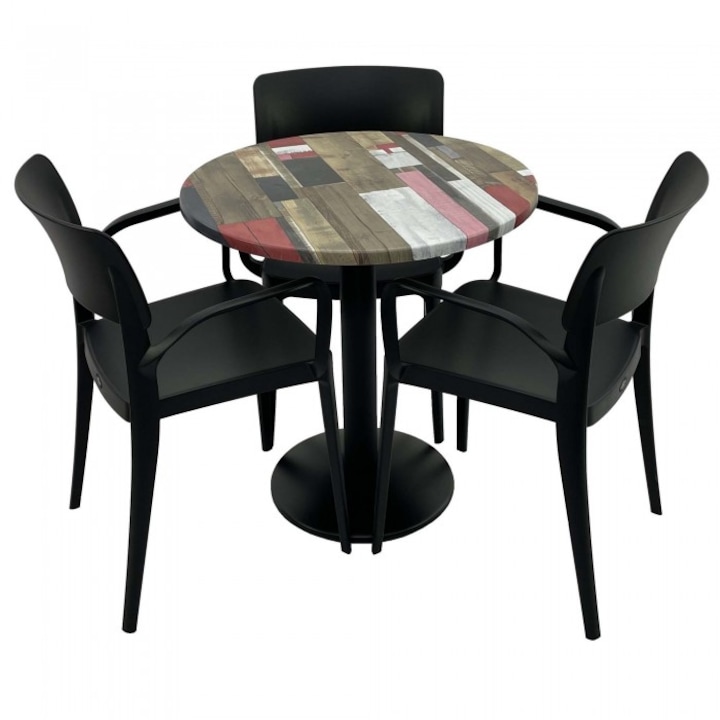 Set mobila de terasa restaurant RAKI Redden Wood masa rotunda 70cm cu blat werzalit si baza metalica, negru, 3 scaune PANORA cu brate negre