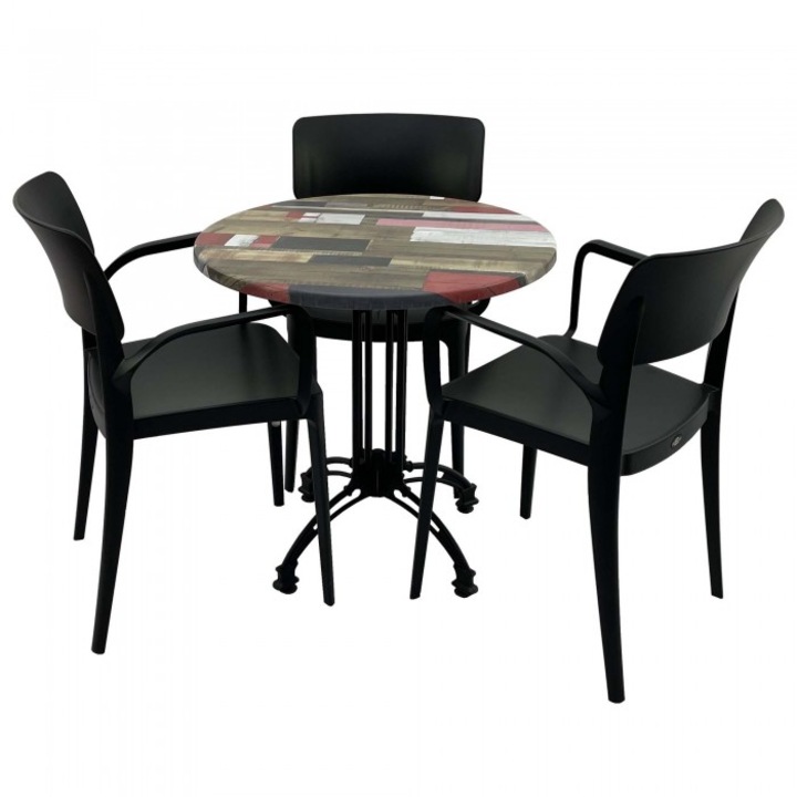 Set mobila de terasa restaurant RAKI Redden Wood masa rotunda 70cm cu blat werzalit si baza retro, 3 scaune PANORA cu brate negre