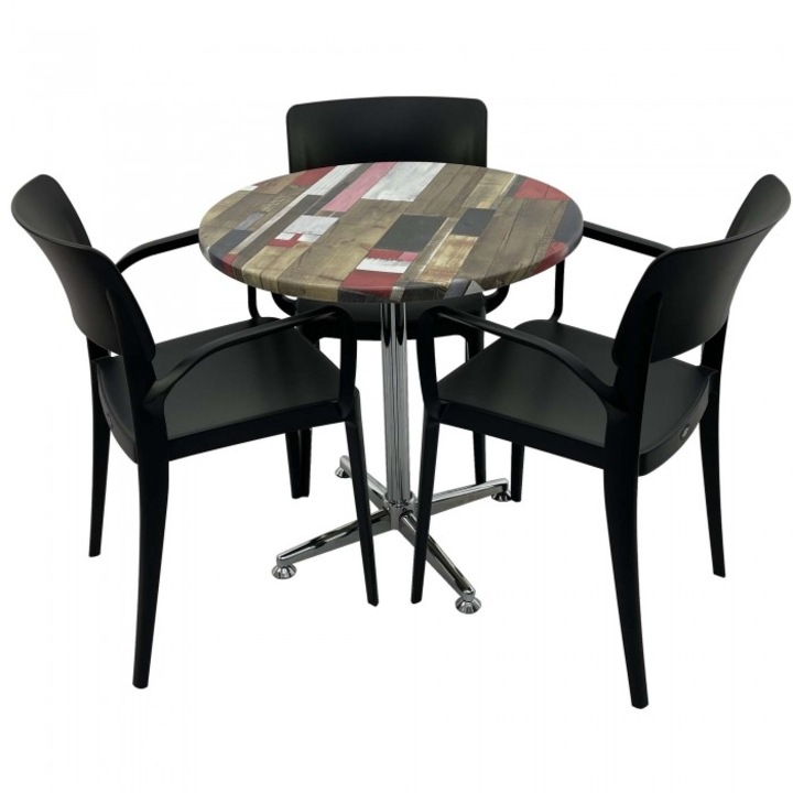 Set mobila de terasa restaurant RAKI Redden Wood masa rotunda 70cm cu blat werzalit si baza crom clasica, 3 scaune PANORA cu brate negre