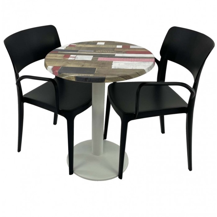 Set mobila de terasa restaurant RAKI Redden Wood masa rotunda 60cm cu blat werzalit si baza metalica culoare alba cu 2 scaune PANORA cu brate negre