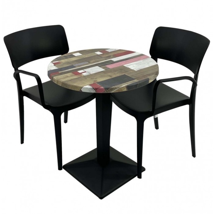 Set mobila de terasa restaurant RAKI, Redden Wood masa rotunda 60cm cu blat werzalit si baza metalica culoare negru, 2 scaune PANORA cu brate negre