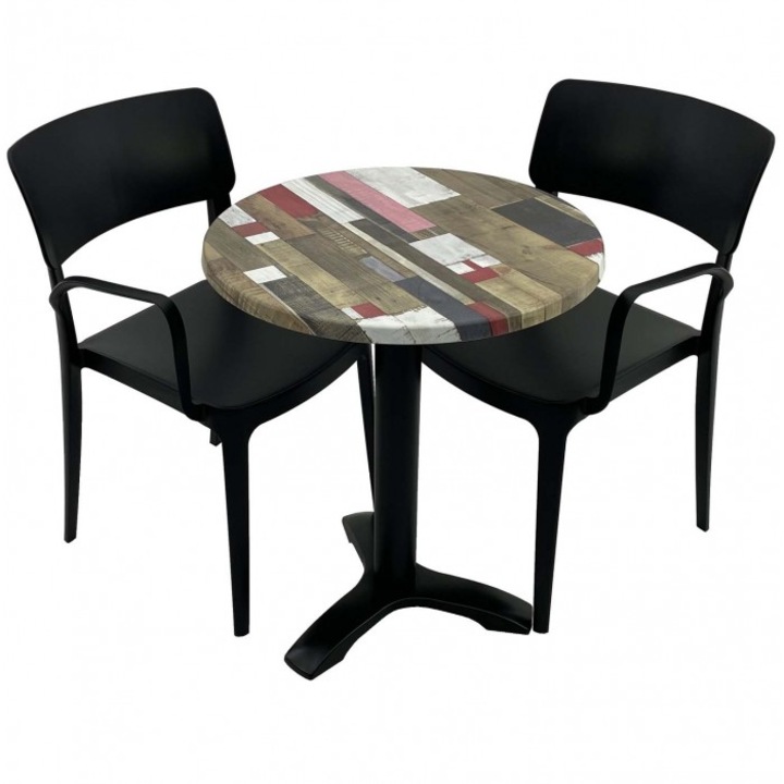 Set mobila de terasa restaurant RAKI Redden Wood masa rotunda 60cm cu blat werzalit si picior metalic culoare negru, 2 scaune PANORA cu brate negre