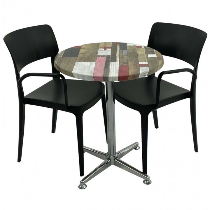 Set mobila de terasa restaurant RAKI Redden Wood masa rotunda 60cm cu blat werzalit si baza clasica, 2 scaune PANORA cu brate negre