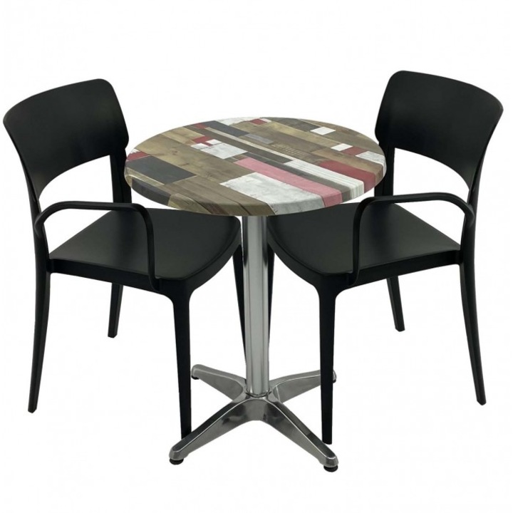 Set mobila de terasa restaurant RAKI Redden Wood masa rotunda 60cm cu blat werzalit si baza aluminiu, 2 scaune PANORA cu brate negre