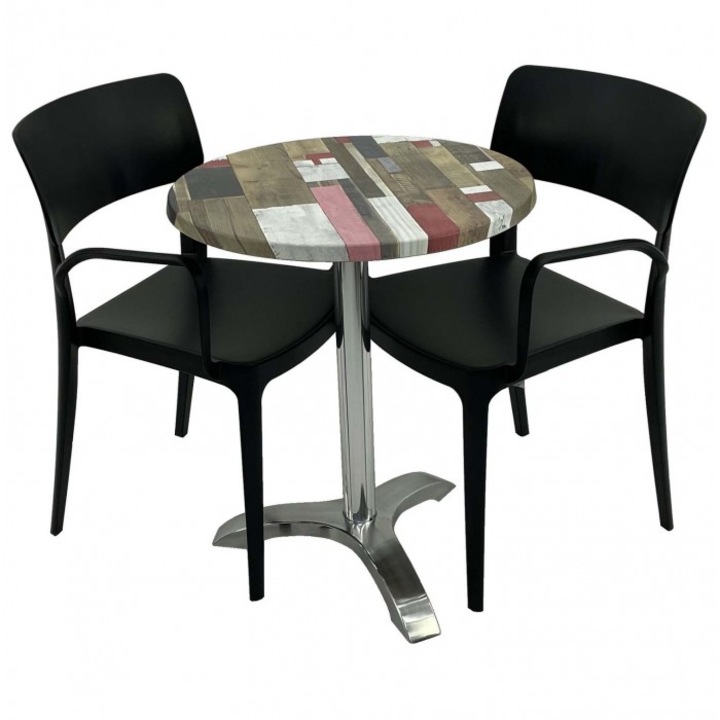 Set mobila de terasa restaurant RAKI Redden Wood masa rotunda 60cm cu blat werzalit si picior aluminiu, 2 scaune PANORA cu brate negre