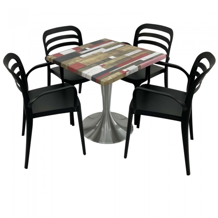 Set mobila de terasa restaurant Raki Redden Wood masa patrata 80x80cm cu blat werzali si baza din aluminiu, 4 scaune ASPENDOS cu brate negre