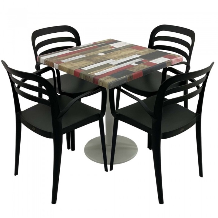 Set mobila de terasa restaurant Raki Redden Wood masa patrata 80x80cm cu blat werzali si baza metalica culoare alba, 4 scaune ASPENDOS cu brate negre